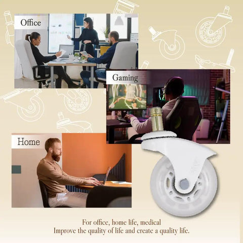 Collage with 10mm Stem Office Chair Wheels for IKEA chairs in office, gaming, and home setups.