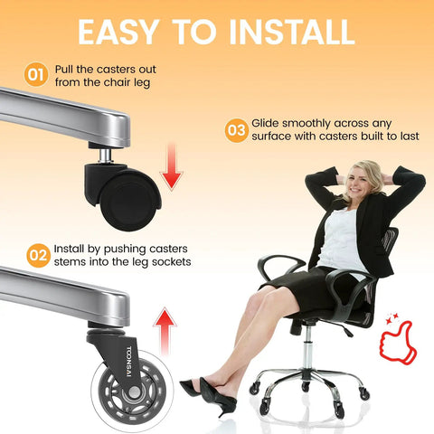 3 Inch Office Chair Wheels Replacement Casters For Carpet And Hard Floors 7-16 Inch Diameter And 7-8 Inch Stem Length Set Of 5 Smooth Quiet Rolling Heavy Duty 660 Lb Capacity Easy Installation For Furniture And Home Office shown with installation steps and a person sitting on a chair.