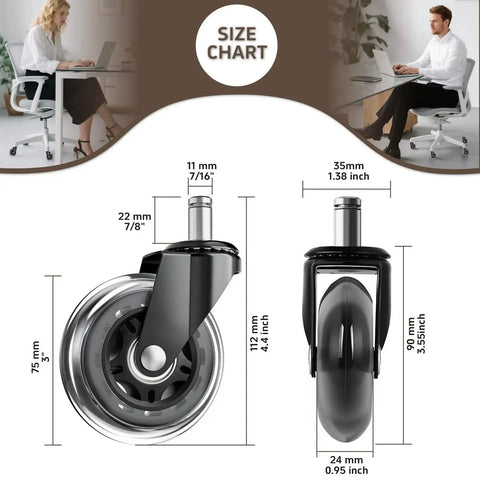 Office Chair Caster Wheels Set Of 5, 3 Inch Heavy Duty Casters For Chairs, Smooth And Quiet, Universal Fit, showing size chart.