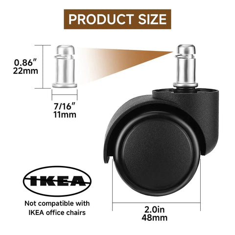 Image of a single black office chair caster wheel showing dimensions, compatible with standard chairs, not IKEA.