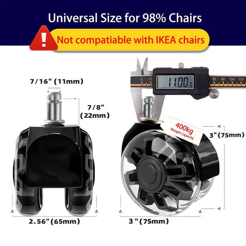 Heavy Duty 3 Inch Office Chair Casters Set Of 5 With Quiet Dual Ball Rollers For Hardwood Floors And Carpet Universal 11x22mm Stem Fits Most Chairs Up To 800 Pounds 7 Sixteenth By 7 Eighth Inch Stem shown with measurements and weight capacity label.