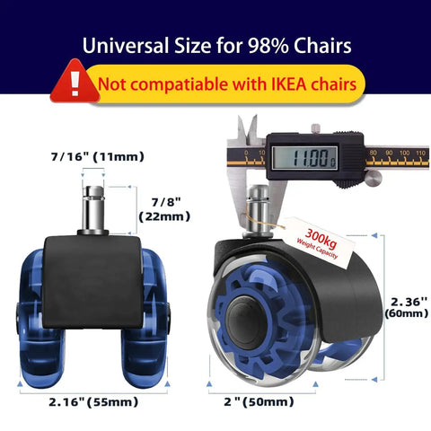 Heavy Duty 2 Inch Office Chair Casters Set Of Five For All Floors With Seven Sixteenth Inch Stem Universal 11x22mm Dual Rubber Wheels
