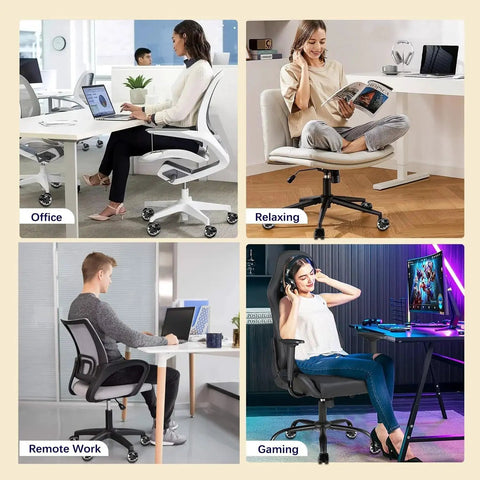 Office chairs with heavy duty 3 inch casters, used for various activities like office work, relaxing, remote work, and gaming