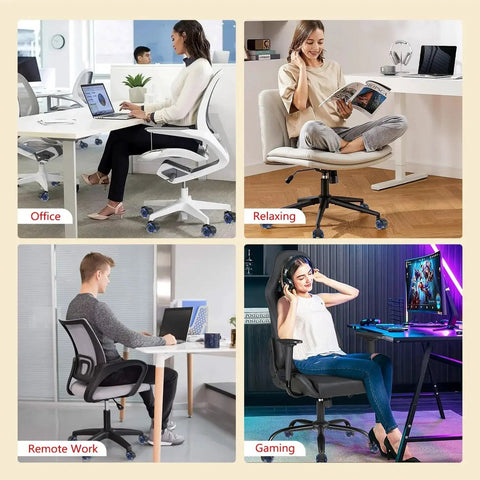 Heavy Duty 2 Inch Office Chair Casters Set Of Five For All Floors With Seven Sixteenth Inch Stem Universal 11x22mm Dual Rubber Wheels For Smooth Rolling And Quiet Glide Ideal For Home Office And Gaming Chairs Reduces Noise And Scratches, shown on various chairs