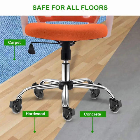 Three Eighths Inch Thread Swivel Stem Casters With Locking Brake For Office Chairs Furniture And Shelves Heavy Duty Caster Replacement Pack Of Five Includes Three Eighths Inch Thread Screw Inserts Imperial Stem System installed on office chair showing versatility on carpet, hardwood, and concrete floors.