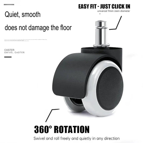 Close-up of a 2 Inch Universal Office Chair Wheel, heavy-duty rubber caster, white polyurethane for smooth rolling, floor protection.