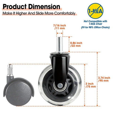 Office Chair Wheel Set Of 10 Rubber Caster Wheels Heavy Duty Replacement Casters Universal Standard Size 7/16 By 7/8 dimensions