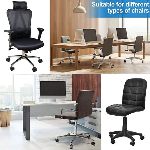 Office chairs showcasing versatility with various adjustable designs, including mesh and leather options with caster wheels.
