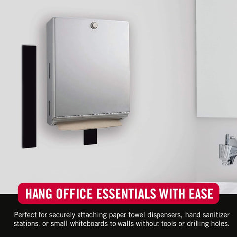 Heavy Duty Tape With Adhesive, Industrial Strength Hook And Loop Fasteners, 15 Feet By 2 Inches, Holds Up To 10 Pounds, Black, Indoor And Outdoor Use, Water Resistant, Cut Strips To Length, shown holding a paper towel dispenser.