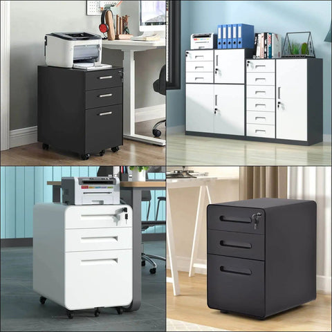 File cabinets with multiple drawers, black and white color options, some with locks, placed in office environments.