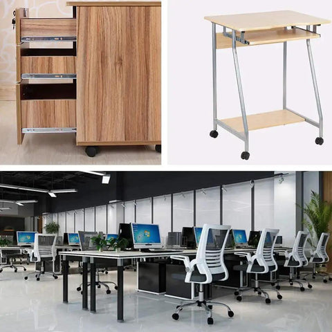 Office furniture including desk on wheels, drawer unit with casters, and office chairs in workspace.