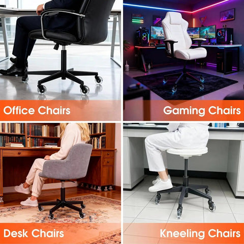 Collage of chairs with office, gaming, desk, and kneeling chairs on various floors.