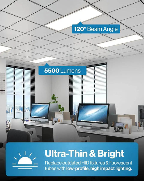 Office setting with ceiling showcasing 2x4 LED Flat Panel Ceiling Light, Pack Of 12, Dimmable 0-10V, Selectable CCT 4000K, 5000K, 6000K, 30W, 40W, 50W Options, 6500 Lumens, Surface Or Suspension Mount, Dustproof ETL.