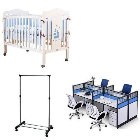 Collection of furniture items including a white crib with a sailboat design, a black clothing rack, and an office desk setup with chairs.