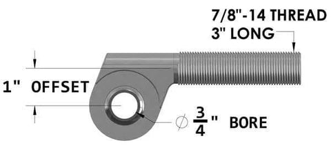 Offset Heim Joint Rod End with 3/4 Bore and 7/8-14 Shank, illustrating offset and dimensions for heavy-duty use.