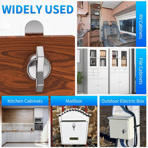 Five 5/8 inch thumb-operated offset cam locks provide secure, keyless locking for RV compartments and cabinets shown.