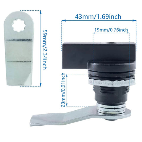 Two Pack Thumb Operated Offset Cam Locks, Durable Zinc Alloy, 23mm Thread And 59mm Latch, Dimensions Shown, Ideal For Mailbox Use