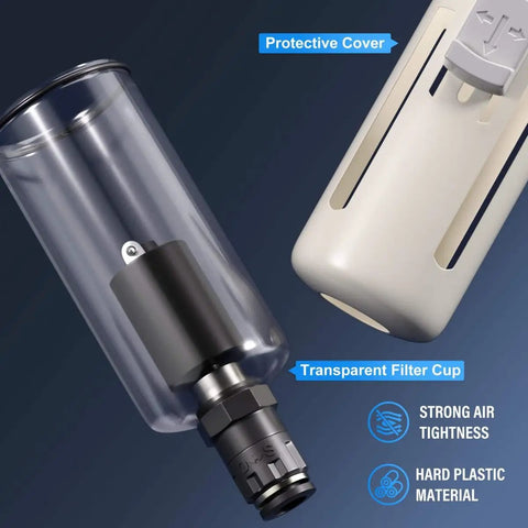 Close-up view of Three In One Oil Air Regulator Filter With Lubricator Cup And Automatic Drain, featuring protective and transparent components.