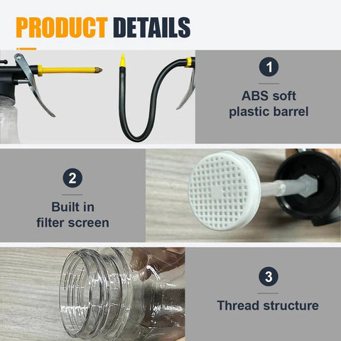 Detailed view of Two Pack High Pressure Oil Can Pump Oiler With Flexible Spout and Rigid Transparent Bottle, featuring ABS barrel, filter screen, and thread structure.