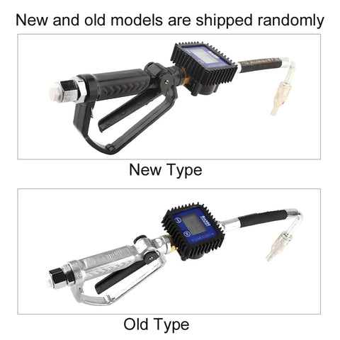 Oil Control Valve Meter Nozzle One Half Inch Inlet Digital Dispenser With LCD Metering Gun, new and old models shown.
