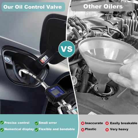 Comparison of Oil Control Valve Meter Nozzle One Half Inch Inlet Digital Dispenser With LCD vs traditional funnel method for oil dispensing