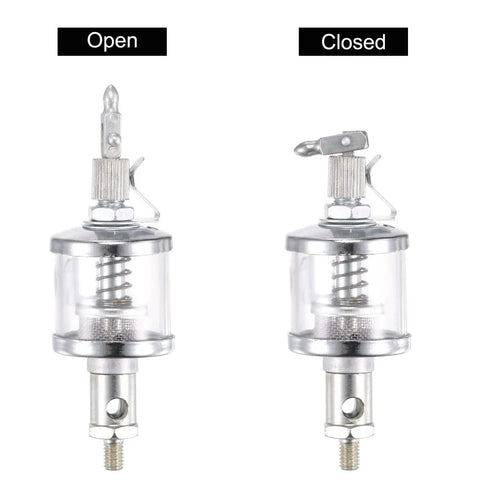 Oil Cup For Gravity Drip Feed Lubrication With M6x1 Thread, 16mL Capacity, showing open and closed positions.