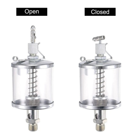 Oil Cup Needle Valve With G1/4 Thread 100ml Gravity Drip Feeder with open and closed views, chrome plated carbon steel oiler, see-through window