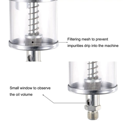 Close-up of Oil Cup Needle Valve with G1/4 thread and 100ml capacity, showing see-through sight window for oil level check and filtering mesh.