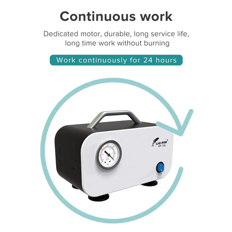 Oil Free Diaphragm Lab Vacuum Pump Portable For Filtration With Ten Liters Per Minute Capacity And Rubber Tube 110 To 220 Volt Universal Power Supply For Scientific Labs Quiet Operation And Bench Top Convenience, featuring a compact design with pressure gauge.