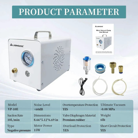 Oil Free Diaphragm Lab Vacuum Pump VP10E with accessories and specifications displayed