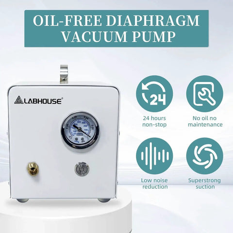 Front view of Oil Free Diaphragm Lab Vacuum Pump VP10E For Fast Vacuum Filtration with 10 L per minute suction, LABHOUSE brand display.