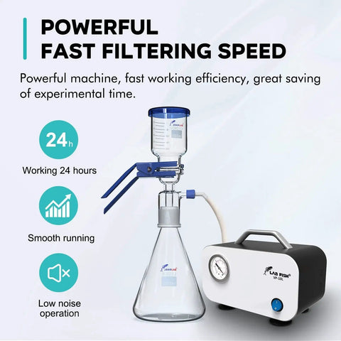 Powerful 10 Liters Per Minute Portable Lab Vacuum Pump Oil Free Diaphragm Filtration System in use with lab setup on bench top