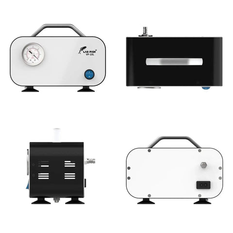 Oil Free Diaphragm Lab Vacuum Pump Portable For Filtration With Ten Liters Per Minute Capacity and rubber tube shown from multiple angles.