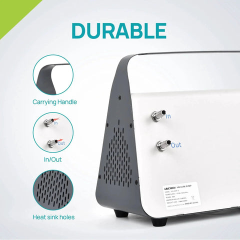 Side view of Oil Free Lab Vacuum Pump Diaphragm Filtration System Lachoi Portable 15 L Per Min Flow Rate Dual Pressure with handle and ports