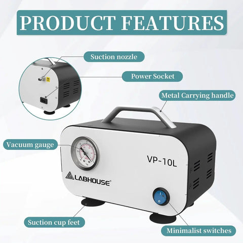 Oil Free Lab Vacuum Pump With Diaphragm Technology For Laboratory Filtration And Negative Pressure, 10 Liters Per Minute, Compact Portable Design With Non Slip Feet And Rubber Tube, 110 To 220 Volts VP 10L LABHOUSE highlighting features