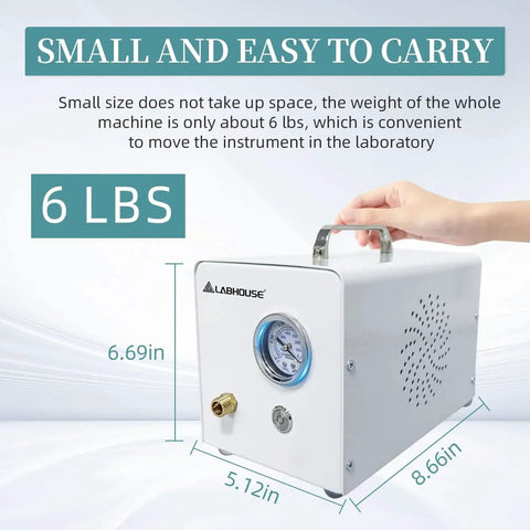 Oil Free Diaphragm Lab Vacuum Pump VP10E For Fast Vacuum Filtration with compact design, showing dimensions and hand lifting unit