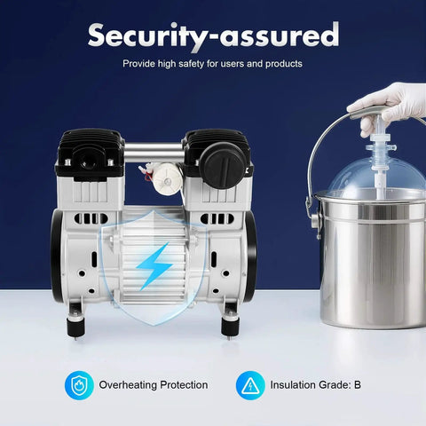 Oil Free Vacuum Pump 1100W For HVAC And Industrial Use, displayed with features like overheating protection, insulation grade B, in a secure setup.