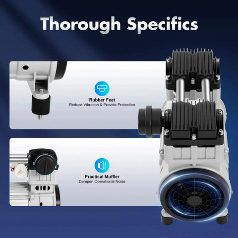 Oil Free 1100W Vacuum Pump With 7CFM Output And 8 Bar Pressure For Lab Chemistry, with rubber feet and muffler, front view