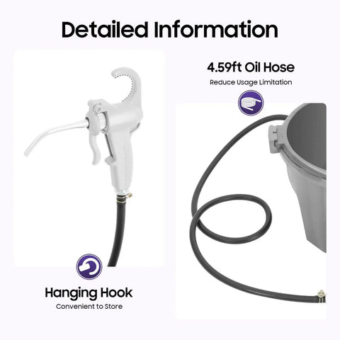 Detail of Hand Held Oiler Bucket Kit with Oil Gun and 4.59ft hose, plastic construction, ergonomic grip, for pipe threading machines.
