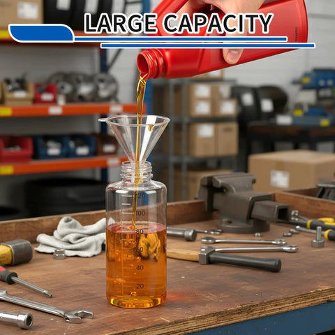 Red oil bottle pouring oil into graduated container on a workbench with tools, labeled 'Large Capacity'