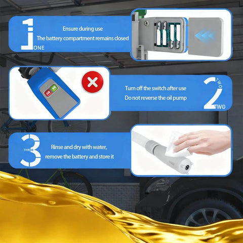 Instruction guide for High Efficiency Automatic Oil Suction Pump With ABS Body, including battery placement and cleaning steps.