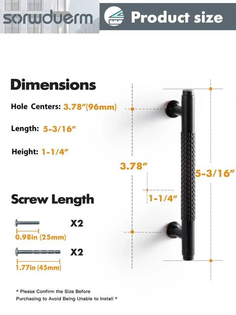 Product dimensions for Five Pack Oil Rubbed Bronze Knurled Cabinet Handles with 3.78 Inch Center To Center 96mm Hole Spacing.