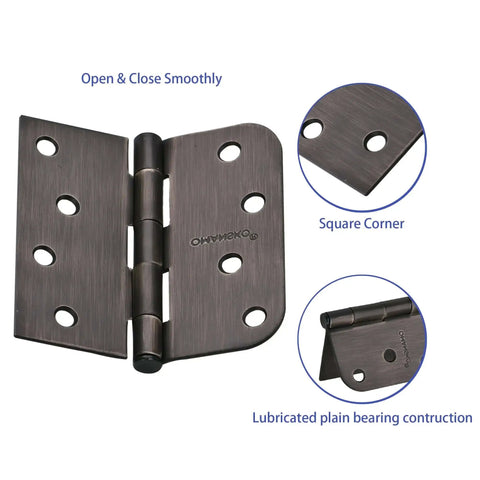 Sturdy 4x4 Inch Door Hinges For Wood, 18 Pack Oil Rubbed Bronze Interior Doors, Square 5/8 Radius Corners, Close-up View