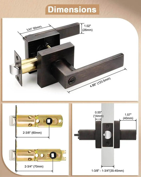 Two Pack Square Keyed Alike Entry Door Levers In Oil Rubbed Bronze with dimensions, heavy duty zinc alloy hardware shown in detail