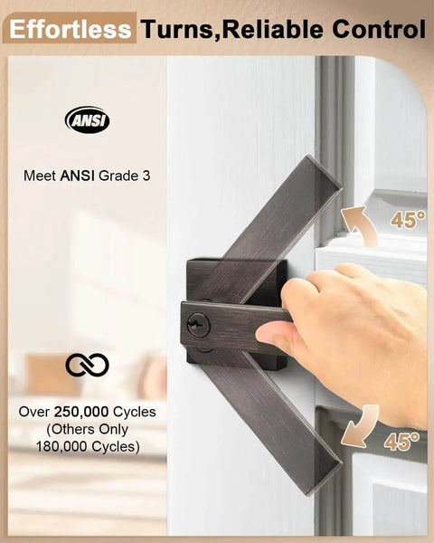 Demonstration of Two Pack Square Keyed Alike Entry Door Levers In Oil Rubbed Bronze for right or left-handed use on a door.