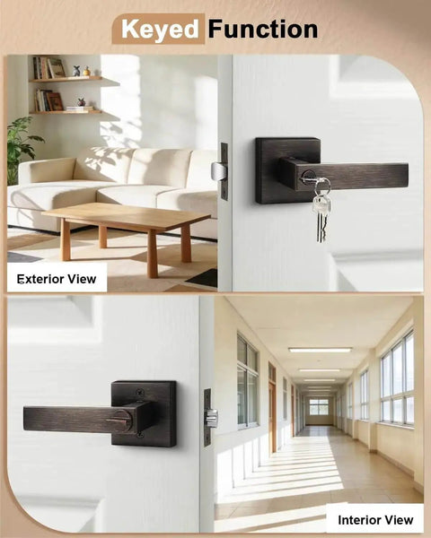 Two Pack Square Keyed Alike Entry Door Levers in oil rubbed bronze shown on exterior and interior views.