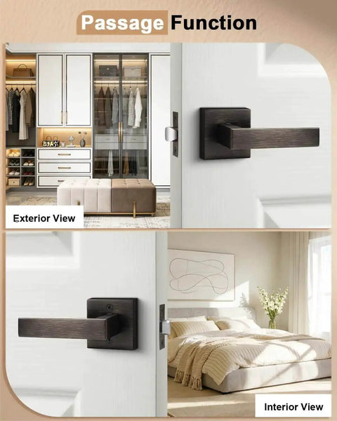 Beefy Heavy Duty Door Levers Set With Modern Square Design For Home Hallway Or Closet Passages Oil Rubbed Bronze Finish Non Locking Keyless Universal Reversible Leverset For Left Or Right Hinging Doors 2 Pack installed on interior doors