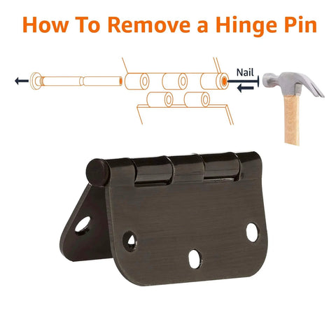 Diagram showing how to remove a hinge pin from Rounded Five Eighths Radius Interior Door Hinges Set, Eighteen Pack, Oil Rubbed Bronze Finish.