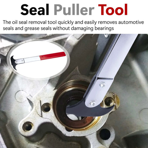 Seal Puller Tool, Oil Seal Removal Tool with Dual Hook in action on vehicle seal, close-up view showing installation process.