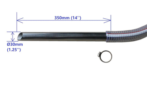 Oil Transfer Pump, Air Operated, Pneumatic, 55 Gallon Drum, 1.25 Inch ID, Teflon Packing, shown with dimensions and clamp